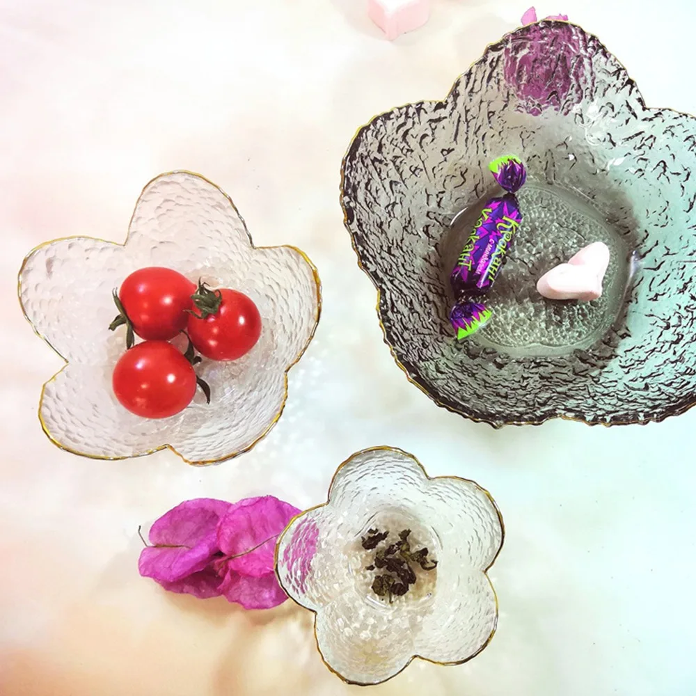 

S/M/L Glass Dish Nordic Style Gold Inlay Glass Sauce Bowl Mini Japanese Cherry Blossoms Seasoning Plate For Ice Cream Fruit Sala