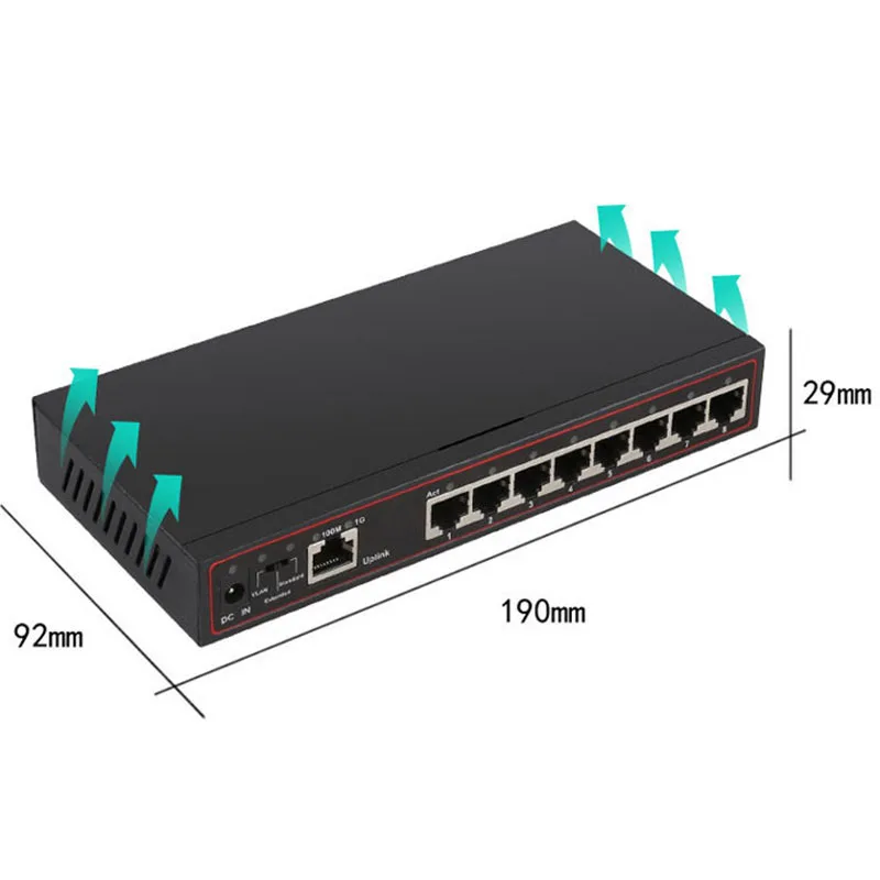 9 портовый гигабитный коммутатор POE 250 м 8 портов 100 + 1 порт 1000 Ethernet источник питания