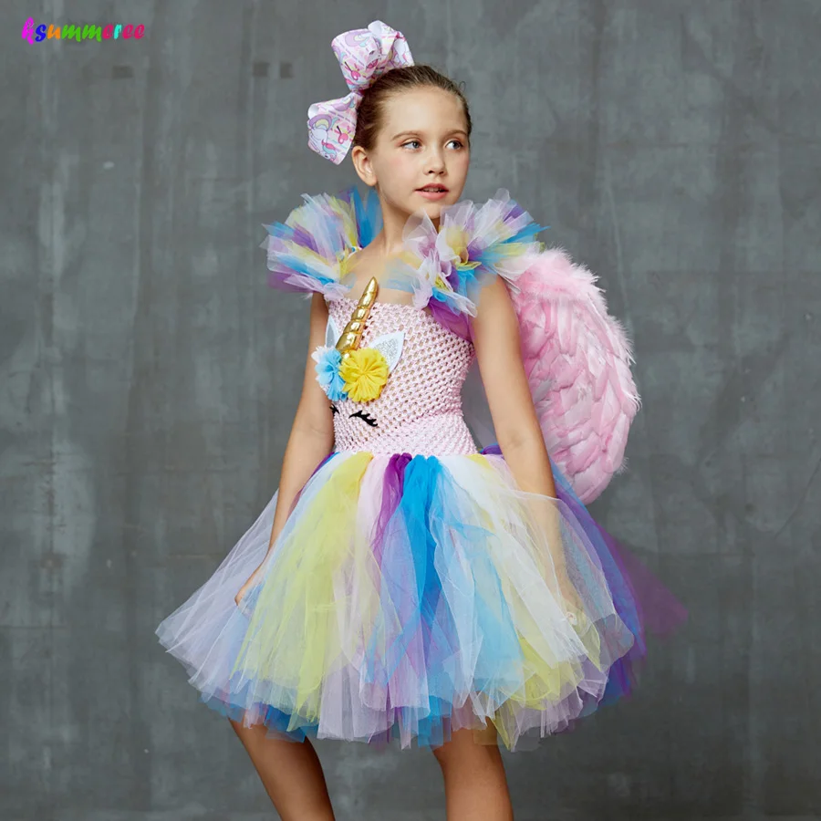 Girls Unicorn Tutu Dress with Bows and Wings Kids Party Flower Pageant Princess Children Fancy Ball Gowns | Детская одежда и обувь