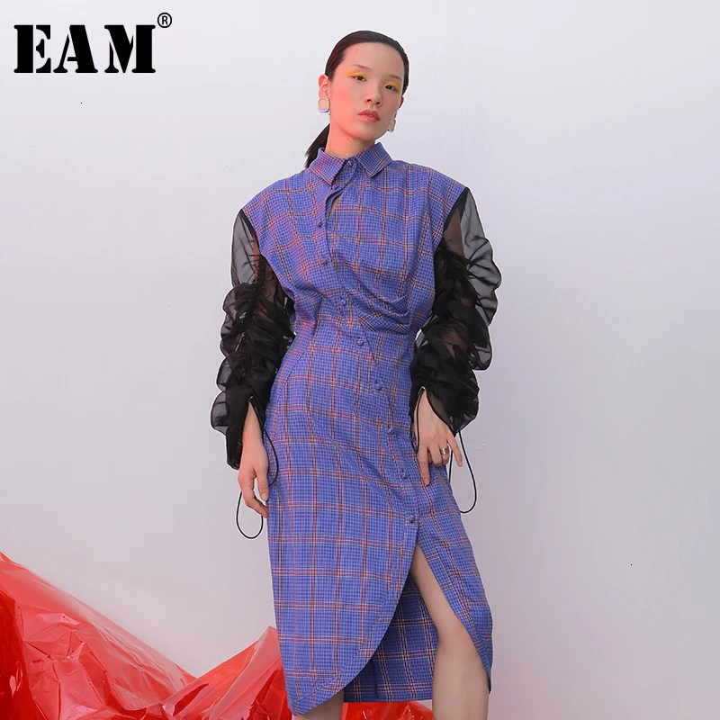 

Женское ассиметричное плиссированное платье EAM, фиолетовое Свободное платье с отложным воротником и длинными рукавами-фонариками, весна-ос...