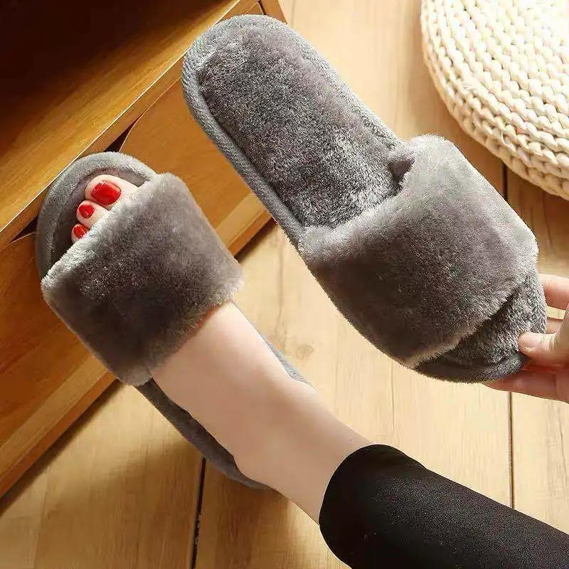 

Women's Plush Slippers Women's Spring, Autumn and Winter Seasons Indoor Non-slip Floor Slippers One-word Plush Slippers Women