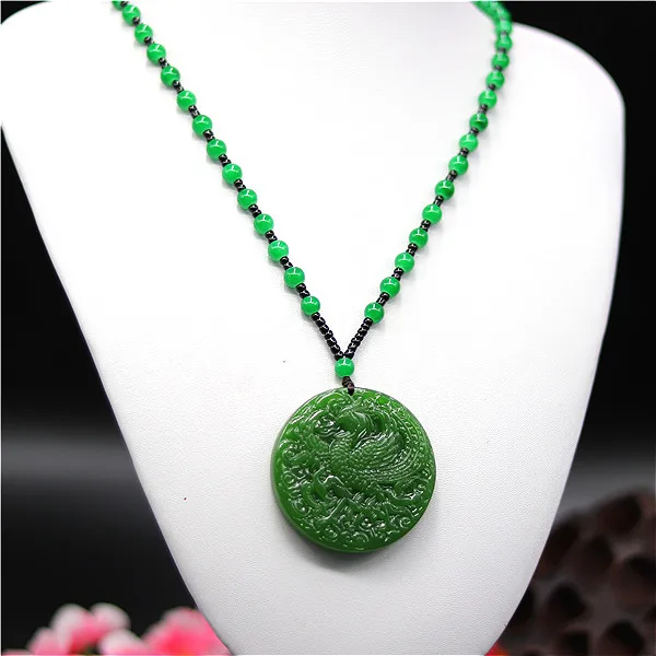 Ожерелье из натурального зеленого китайского нефрита с подвеской в виде феникса