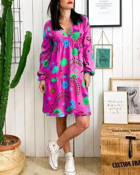 Женское платье с V-образным вырезом длинным рукавом и цветочным принтом | Женская