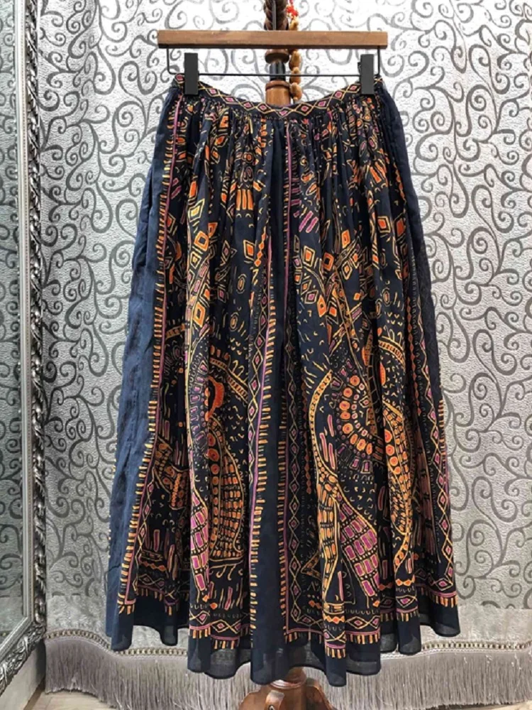 

100%Cotton Skirts 2020 Spring Clothing Women Vintage National Style Prints Ankle Length Casual Long Maxi Skirt Club Ladies