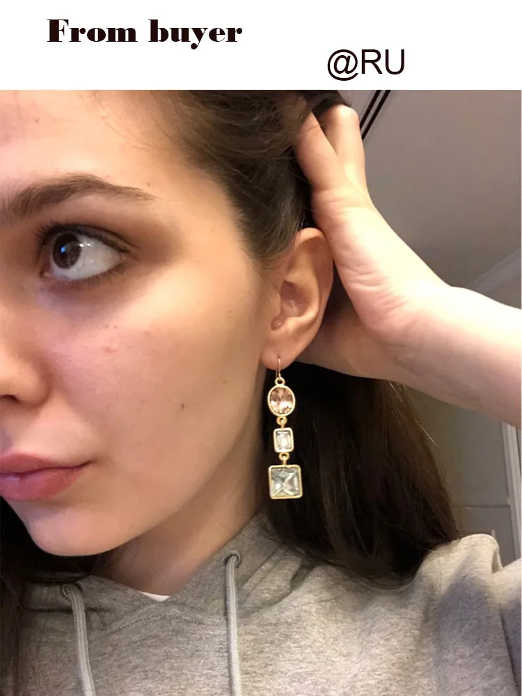 Серьги подвески женские золотого цвета овальные квадратные серьги с темно