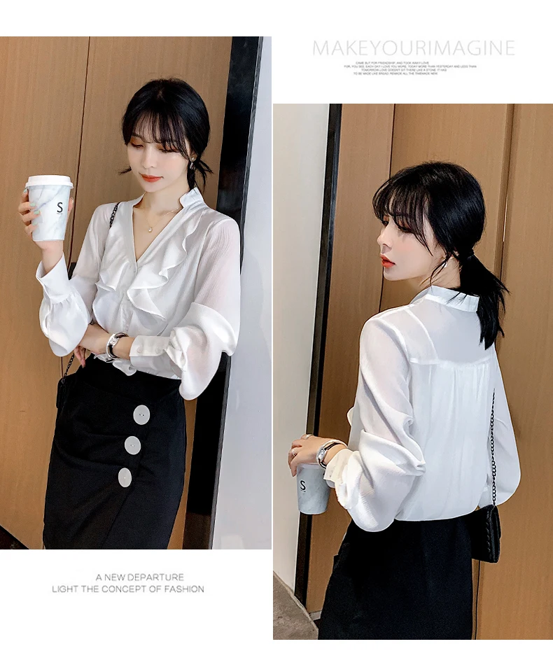 

Houthion Silk Women's Blouses Fashion Solid Chiffon Shirt Casual New Korean Long Sleeve Top Summer Blouse Ruffles Full V-Neck