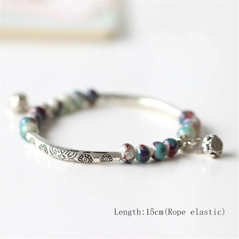 

Dropshipping Lotus Pattern Charm Ceramics Bracelet Silver Color Flower Bead Bracelets & Bangles Fashion Jewelry Gift