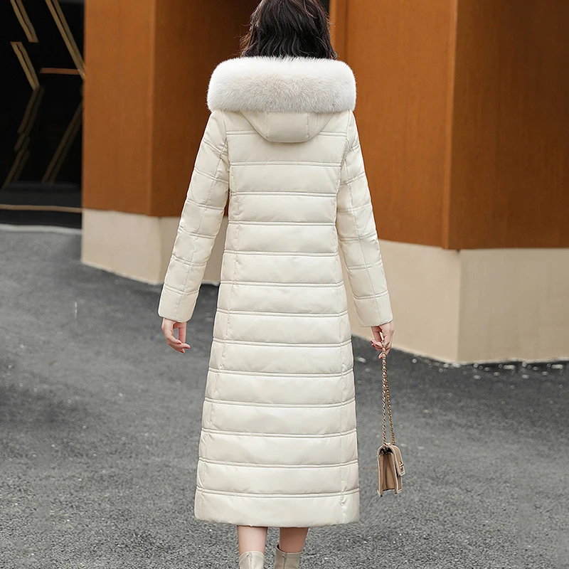 New Women Sheepskin Down Coat Autumn Winter 2022 Elegant Fashion Warm Fox Fur Collar Slim Thick Long Leather Down Overcoat
