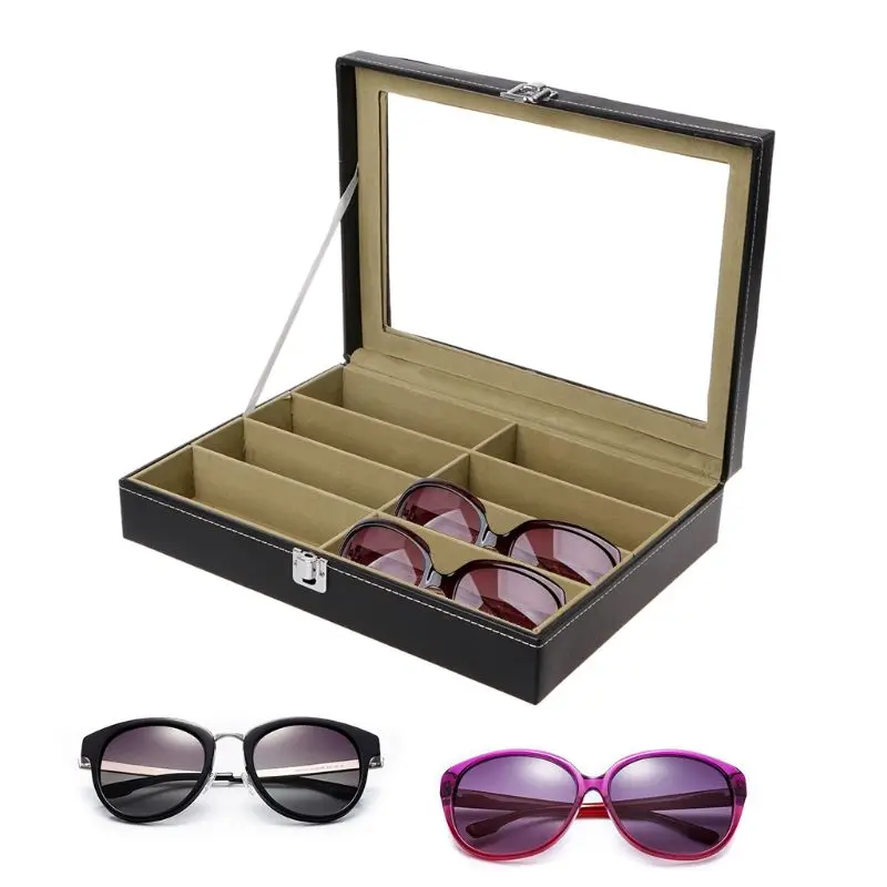 

8 Slots Eyeglasses Sunglasses Faux Leather Storage Organizer Display Case Box