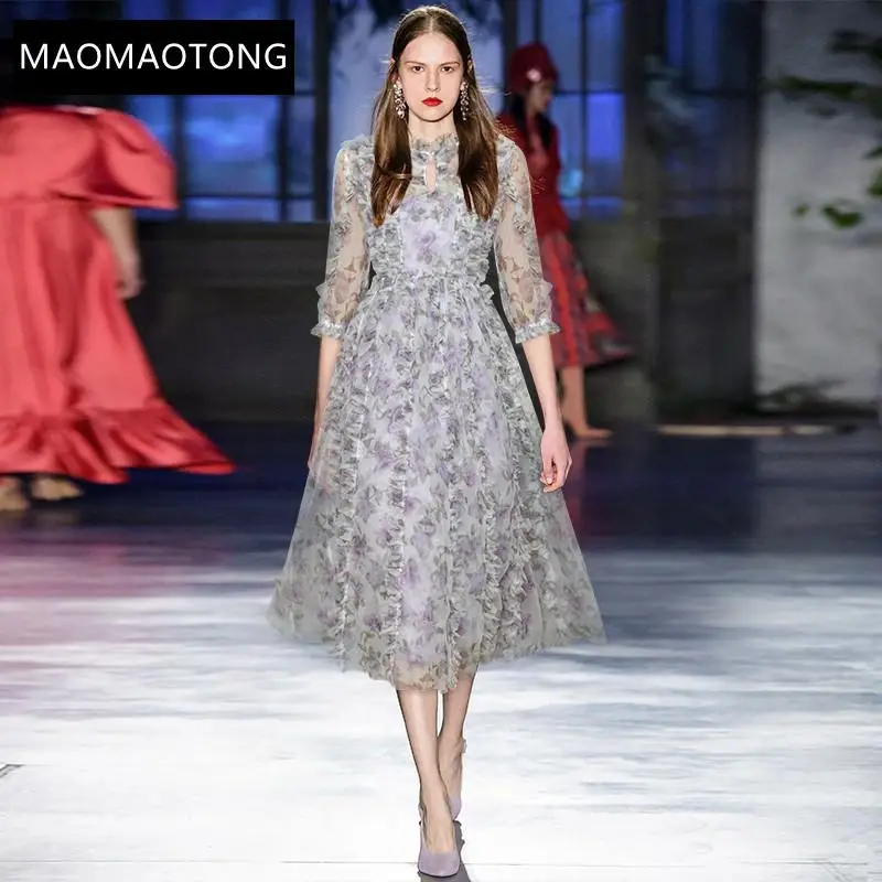 

Fashion Designer Summer Mesh Dress Women's Half Sleeve Purple Flower Print Elegant Holiday Party Dress