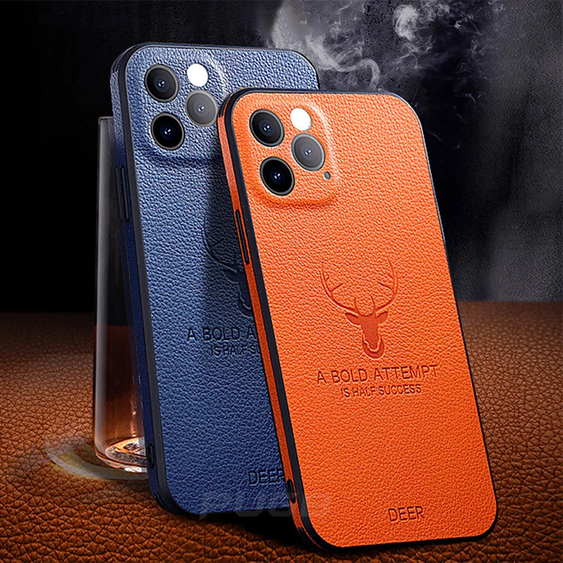 luxury leather texture square frame case for iphone 11 12 13 pro max mini x xr xs deer camera protection shockproof phone cover free global shipping