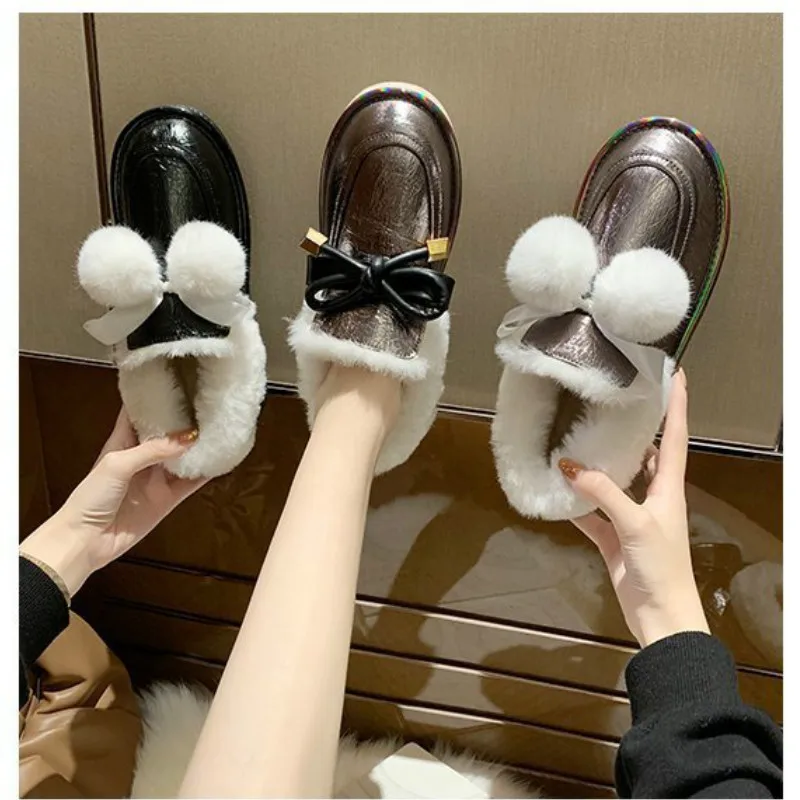 Fashion Winter Snow Boots Women Butterfly-knot Hairball Slip-On Round Toe Low (1cm-3cm) Flat with Plush Thicken High Quality PU