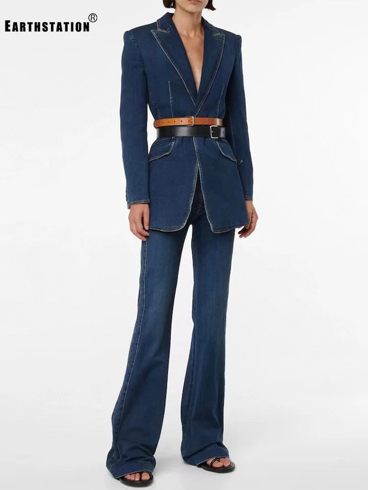 

Design style top line decoration suit collar denim jacket two-piece suit women's autumn new style + high waist flared jeans suit