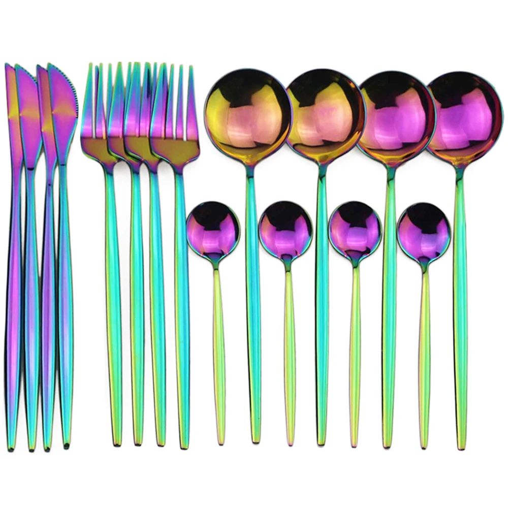 16Pcs Rainbow 16 шт. набор посуды, розовые золотые столовые приборы, набор посуды из нержавеющей стали 304, набор ножей, вилок, ложек, кухонные серебряные аксессуары - Цвет: 16Pcs Rainbow