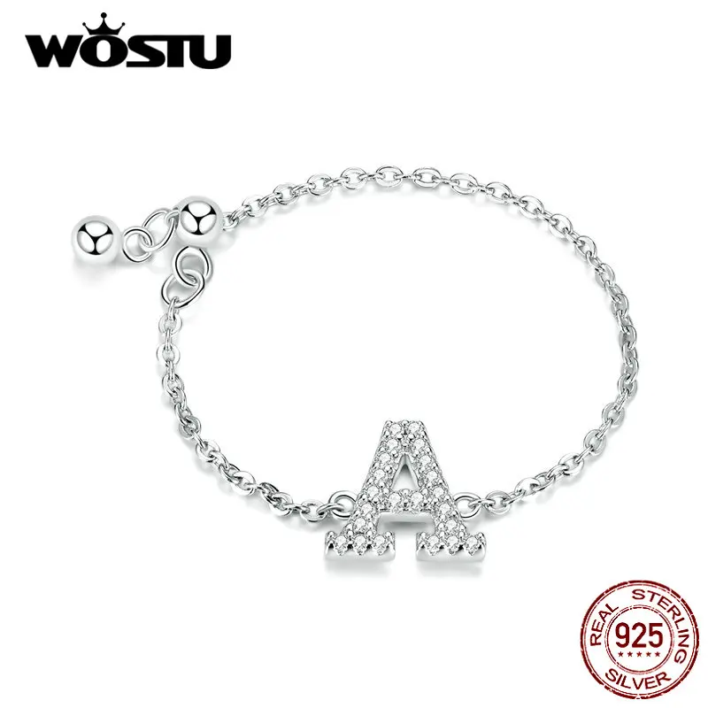 WOSTU, настоящее 925 пробы, Серебряные буквы, а м кольцо, циркон, регулируемое, 8 см., звено цепи, кольца с буквами алфавита, палец для женщин, ювелирные изделия CQR601