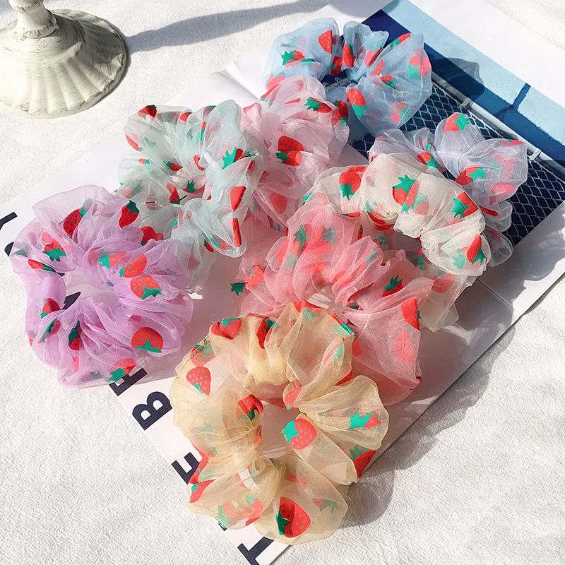 

Aphrodite Sweet Strawberry Hair Ties Scrunchie Organza Elastic Headband Women Girls Headwear Ponytail Ties Rope Hair Accessories