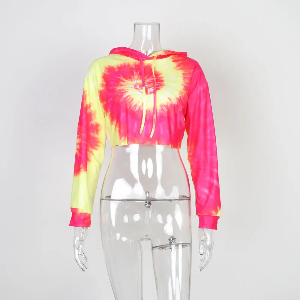 Women Short Tie Dye Hoodie Long Sleeve Sweatshirts with Drawstring Casual Style Pullover