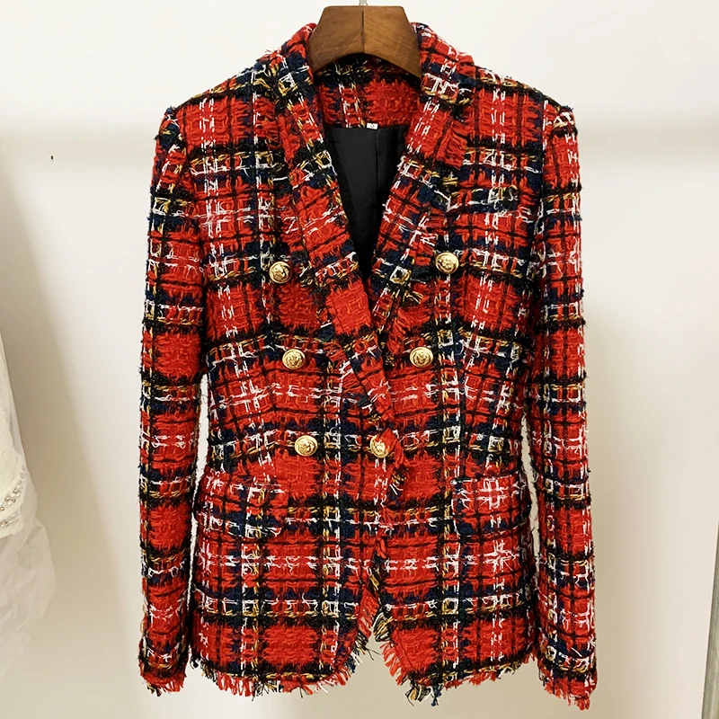 

EXCELLENT QUALITY Newest 2023 Designer Jacket Women's Double Breasted Shawl Collar Tassel Fringed Plaid Tweed Blazer