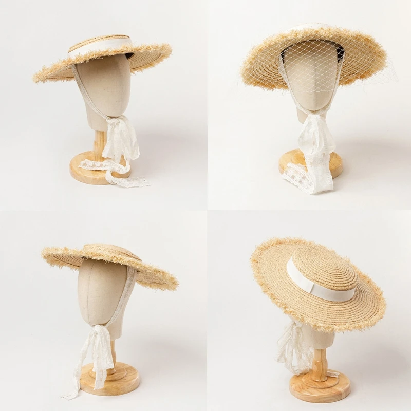 

K3NF Kids Summer Shallow Flat Top Straw Hat Wide Brim Banded Lace Ribbon Beach Cap