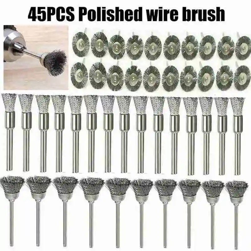 

45Pcs/set 5mm/15mm/25mm Steel Wire Brush Brush Handle Polishing Round Rust Removal Wire with Metal G9P1