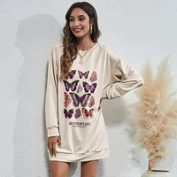 2021 autumn butterfly print long sleeve loose middle length sweatshirt dresses for women casual o neck t shirt woman