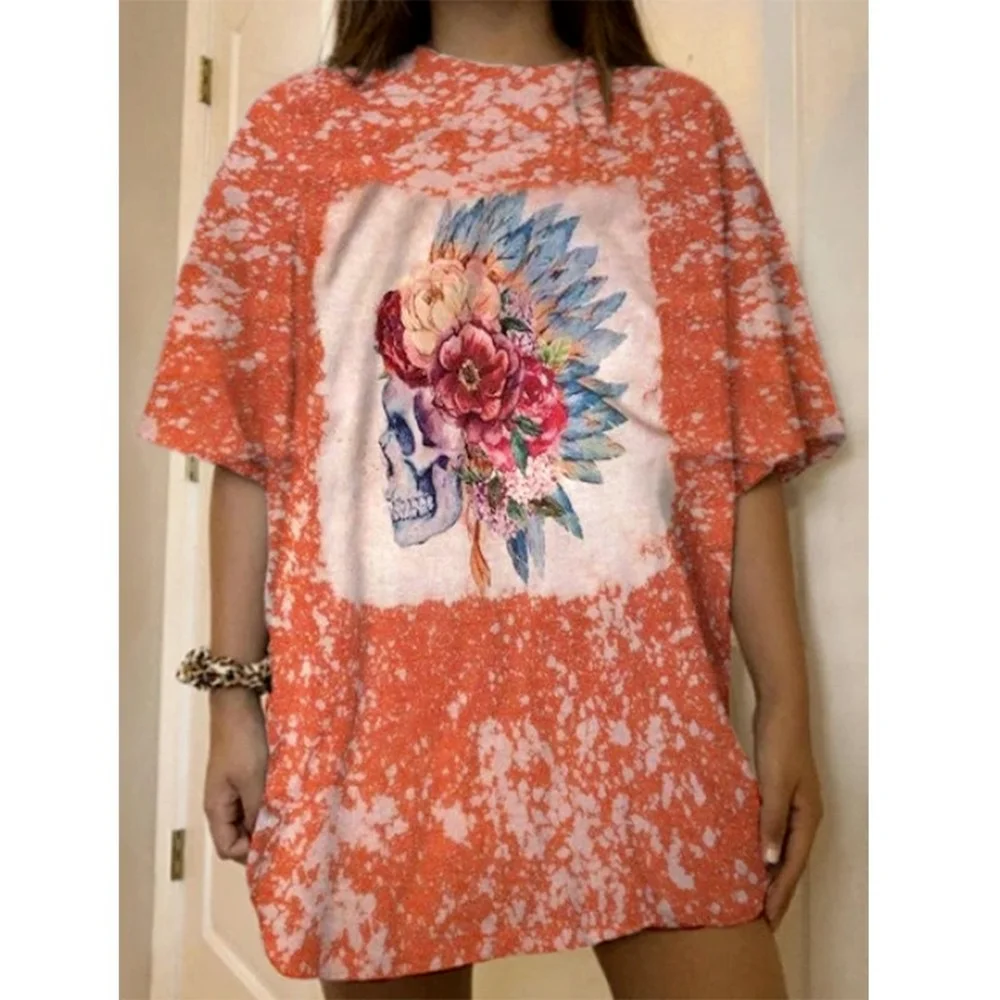 

Lugentolo Skull T Shirt Women Summer Fashion Loose Round Neck Short Sleeve Printed Tie-dye T-shirt