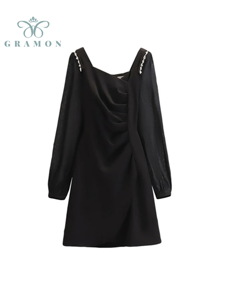 

Женское простое платье в стиле ретро, элегантное весеннее черное платье оверсайз вечерние длинным рукавом, квадратным вырезом и складками, ...