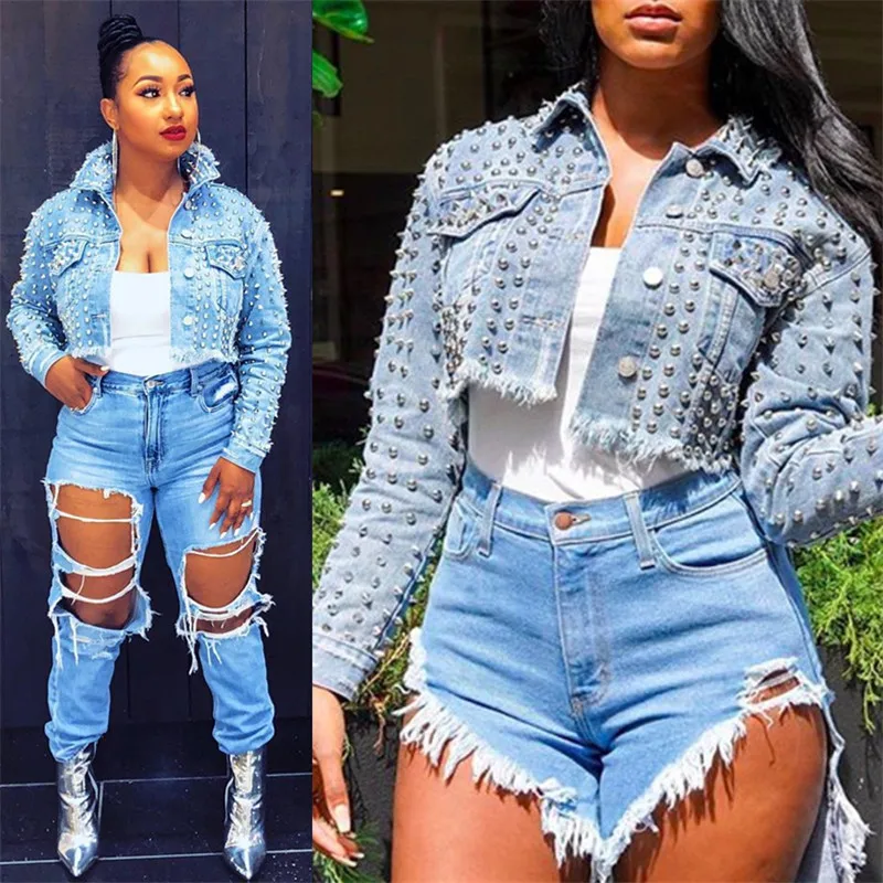 

High Street Rivet Cropped Denim Jackets Coat Women Pockets Jeans Jacket Hip Hop Basic Ultra-Short Coats Jaqueta Casaco Feminino