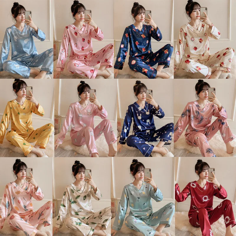 

New Spring Silk Satin Women Pajamas Set Cartoon Print Sweet Home Suit Long Sleeve Sleepwear Female Pijamas V-Neck Homewear