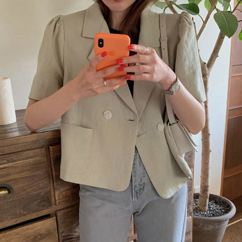 

Женский винтажный костюм LY VAREY LIN, короткий Блейзер с пышными рукавами и воротником, Офисная свободная двубортная верхняя одежда из хлопка и ...