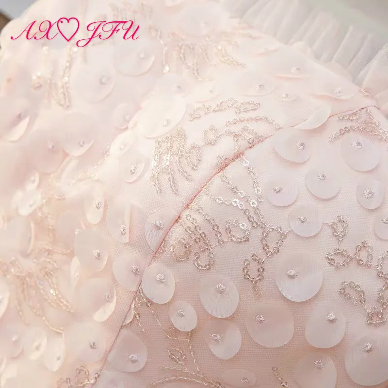 

AXJFU princess pink lace ruffles evening dress flower lace vintage bride party beading crystal zipper a line evening dress