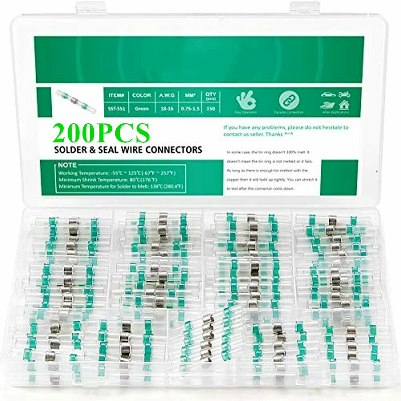 

200pcs Electrical Heat Shrink Crimp TerminalsSolder Seal Butt Wire Connectors Insulation Waterproof Cable Splice Terminal KIT