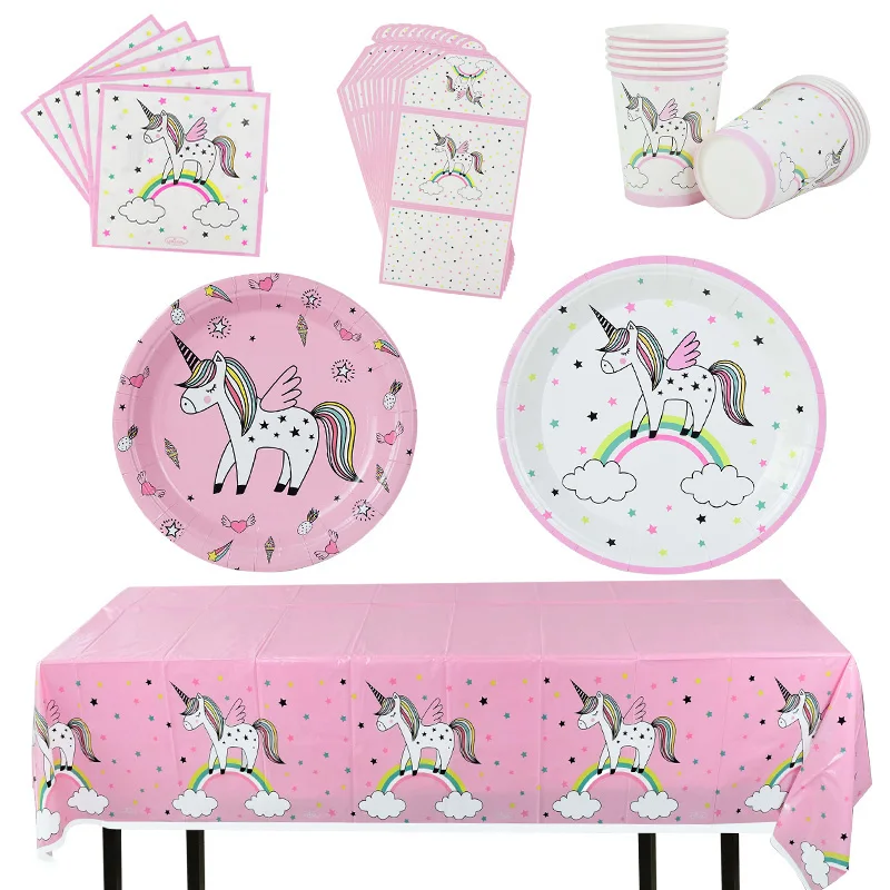 

Theme Unicorn Party Supplies Plate Cups Paper Garland Tablecloth Disposable Party Tableware Sets for Birthday Dinner Table Decor