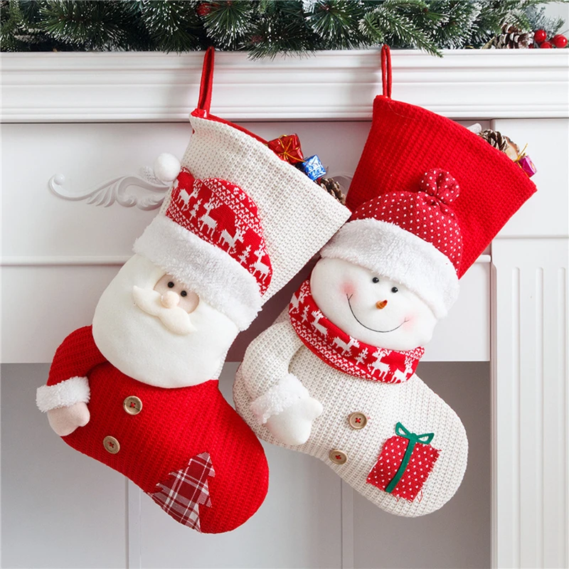 

Большие красные белые вязаные рождественские чулки с Санта Клаусом, камином, декоративные носки, рождественские подарочные пакеты, подставка для конфет, Декор для дома, новинка