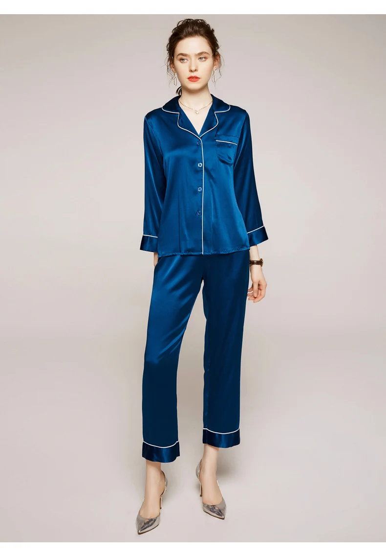 

Women's Silk Suit Turn Down Collar Long Sleeves Front Pocket Shirt With Long Pants Fashion Pajamas Sleeping Sets