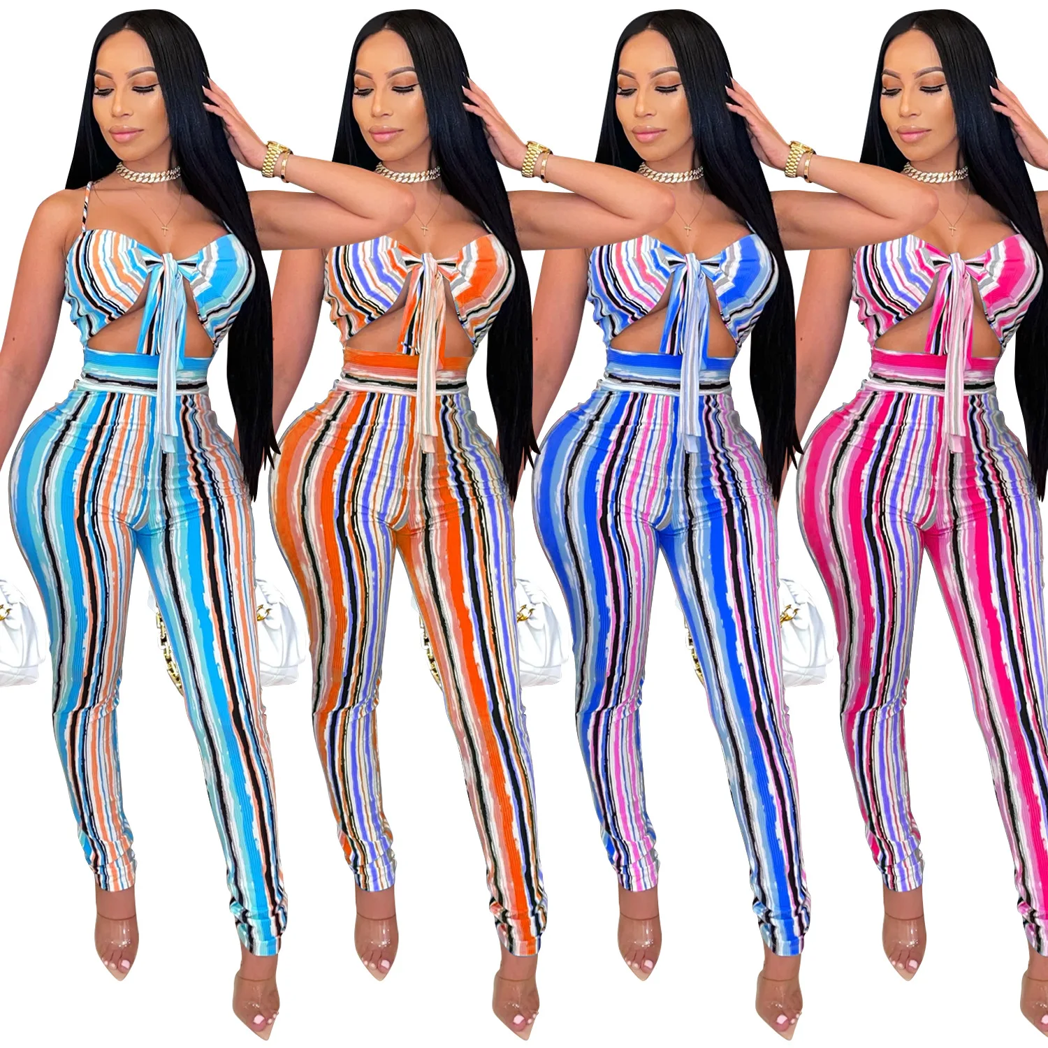 

Zoctuo Stripes Painting Jumpsuit For Women Spaghetti Strap Hollow Out Rompers Bowknot Sexy Backless Skinny Jumpsuits