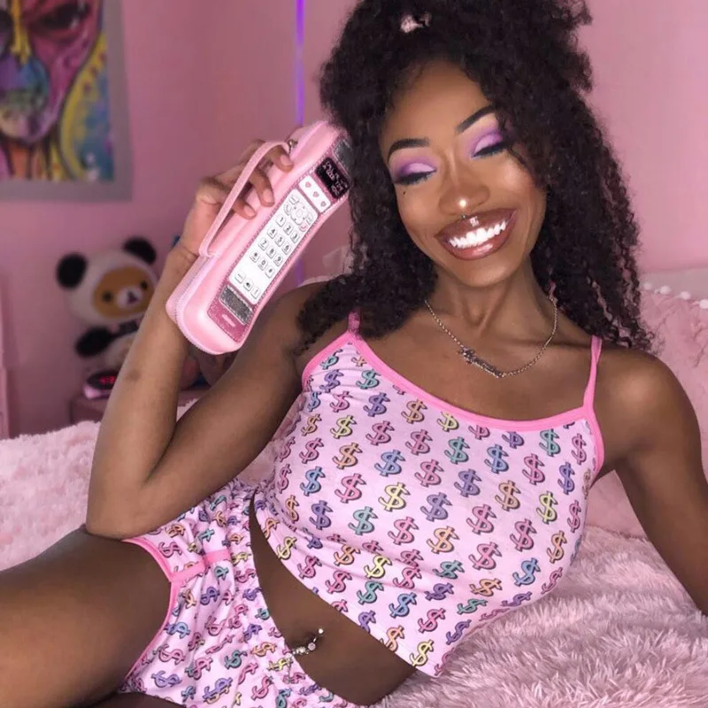 Женский укороченный топ без рукавов розовый с принтом доллара + повседневные