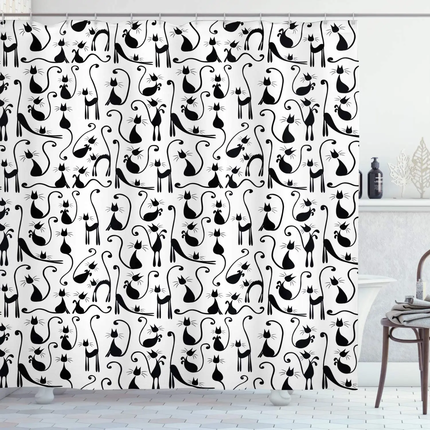 

White Black Cat Lover Shower Curtain Large Number Cats Posing Female High Fashion Contour Illustration Bathroom Curtain
