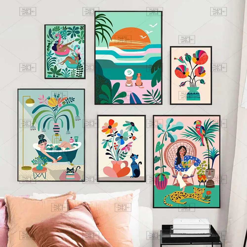

Abstract Tropical Plants Cat Girl Wall Art Canvas Painting Nordic Posters and Prints Wall Pictures for Living Room Vintage Decor