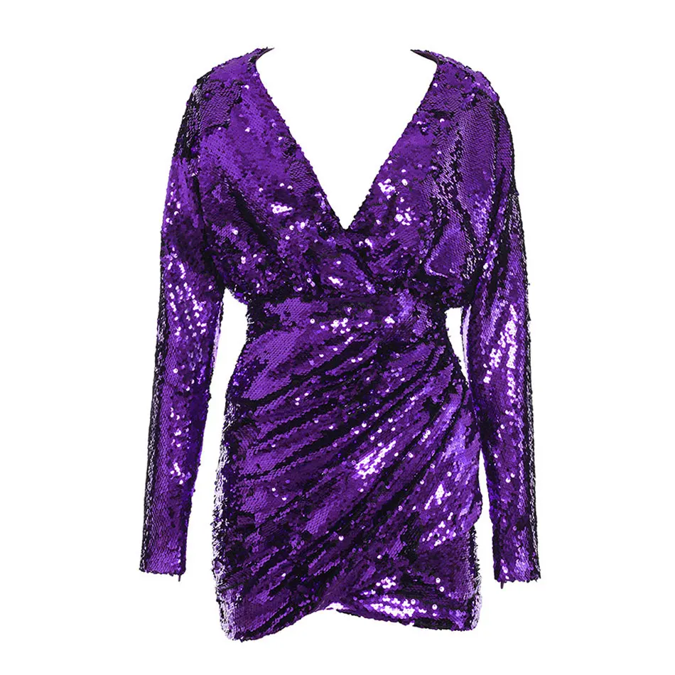 CIEMIILI 2019 new fashion solid purple sexy lady dress chic long sleeve evening party v-neck empire sequin mini | Женская одежда