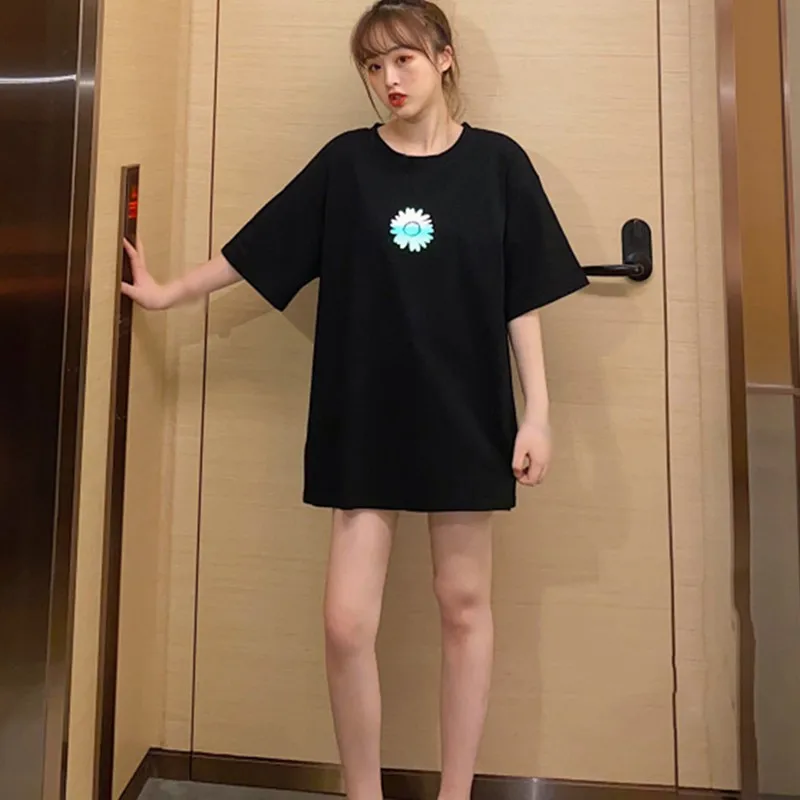 

Tshirt For Women Reflective Printing Couples Tshirts Short-Sleeved Korean Loose Solid Color Simple Top Vetements Femmes