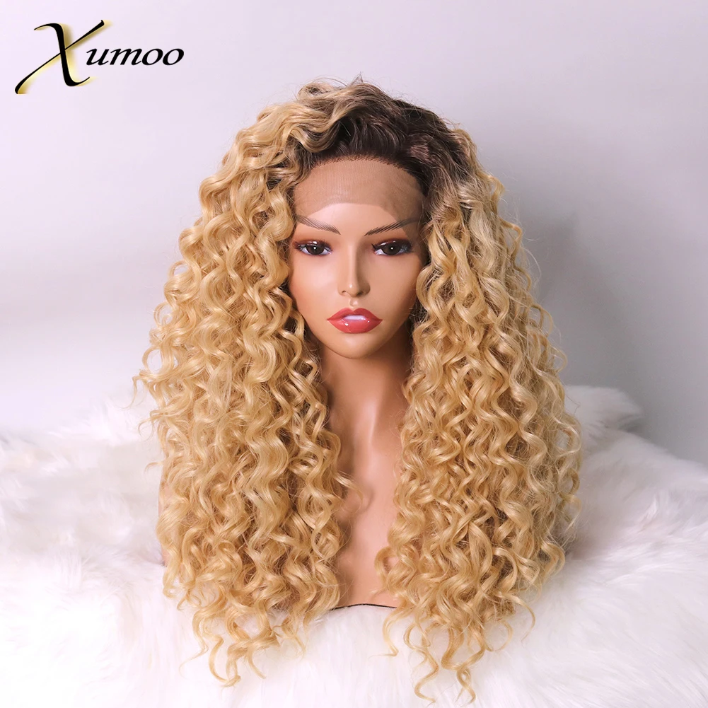 

Xumoo Kinky Curly Synthetic Lace Front Wig Heat Resistant Ombre Honey Blonde Wigs Cosplay Party Daily Wigs For Black Women