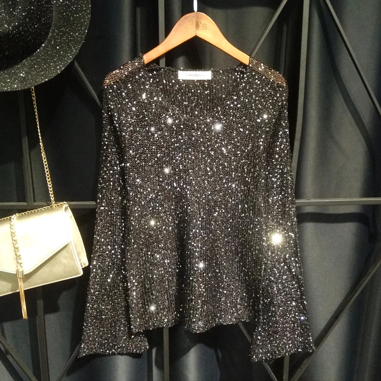 Flare Long Sleeved sweater Women silver Sequins V neck Casual Pullover See-through Bling Slim Knitted Top Lady | Женская одежда