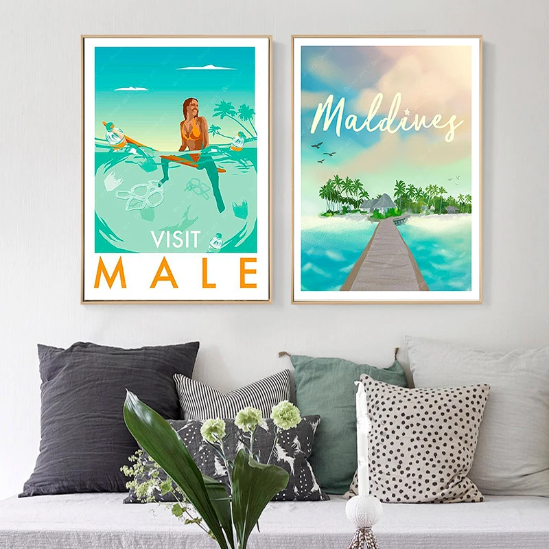Тропический остров Мальдивы поп арт путешествия холст картины винтажные крафт