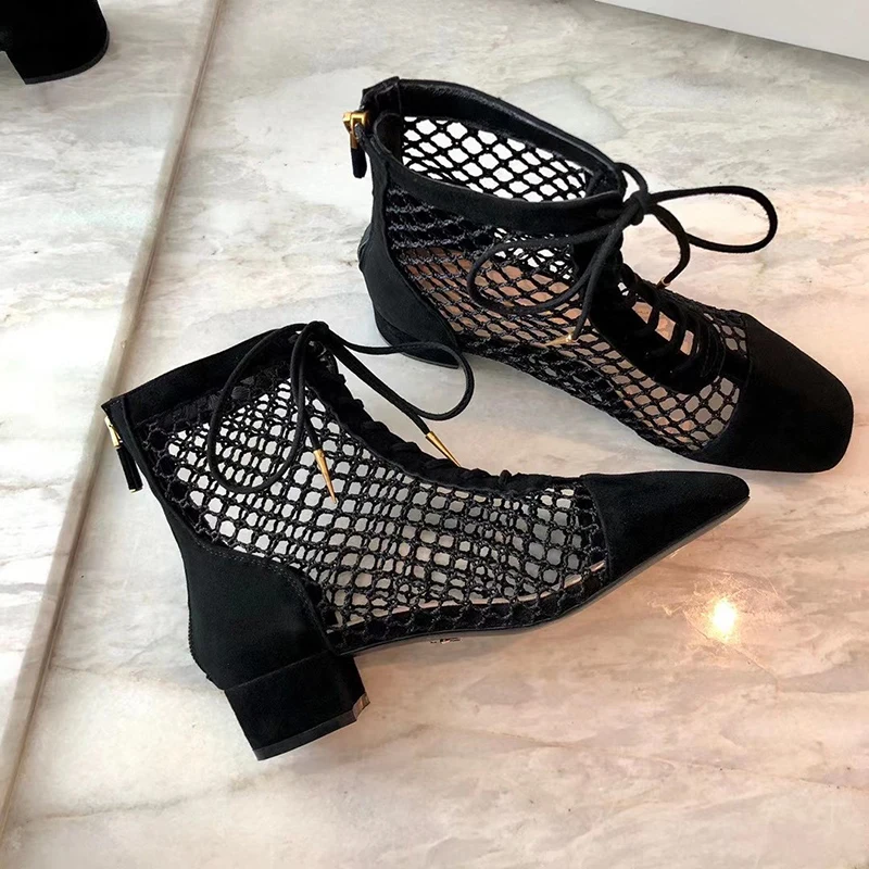 

2021 women top quality Mesh lace Roman cold boots leather lace-up catwalk style high heeled boots high heeled net boots 3cm