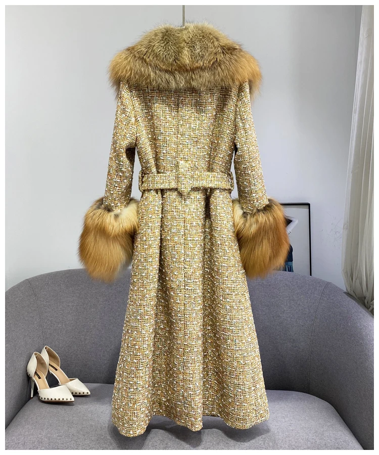 Autumn Winter Women's Real Large Fox Fur Collar And Cuffs Long Tweed Woolen Coat Fashion Warm Winter Jacket Women enlarge