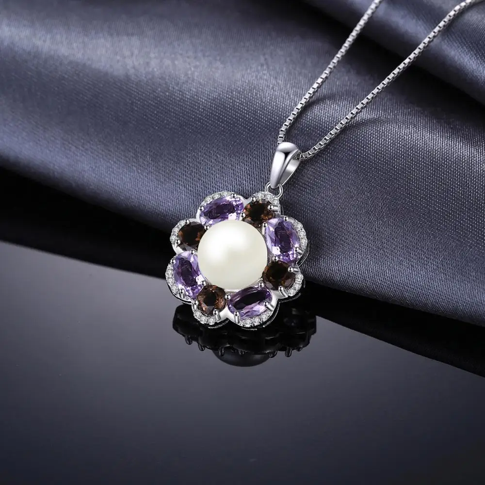 Ювелирный дворец 9 мм культивированный жемчуг 2.6ct дымчатый кварц аметист кластерный кулон 925 стерлингового серебра Ювел