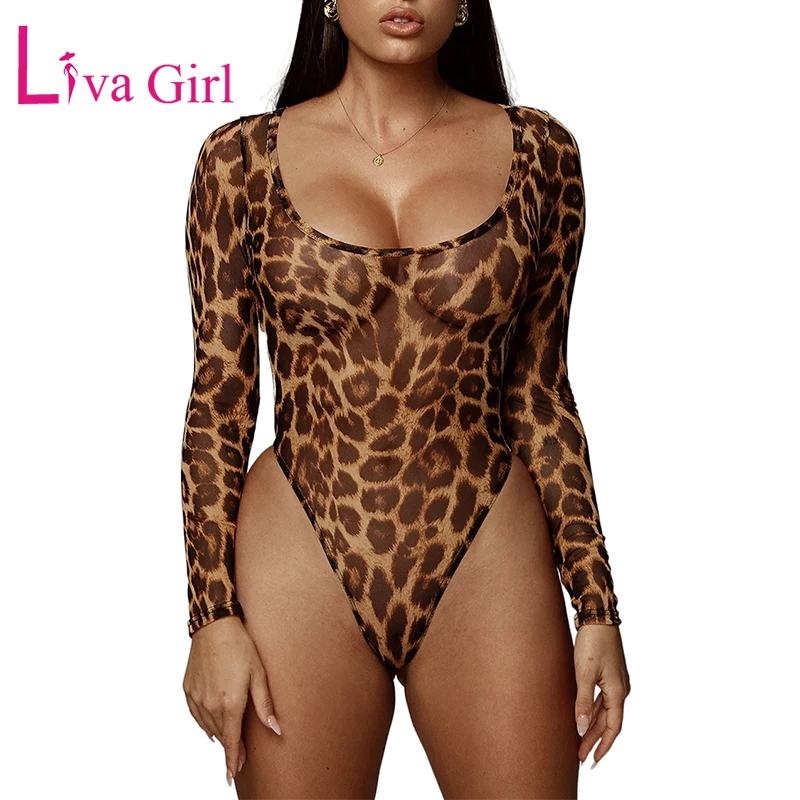 LIVA GIRL женский сетчатый боди с гепардом круглым вырезом длинным рукавом