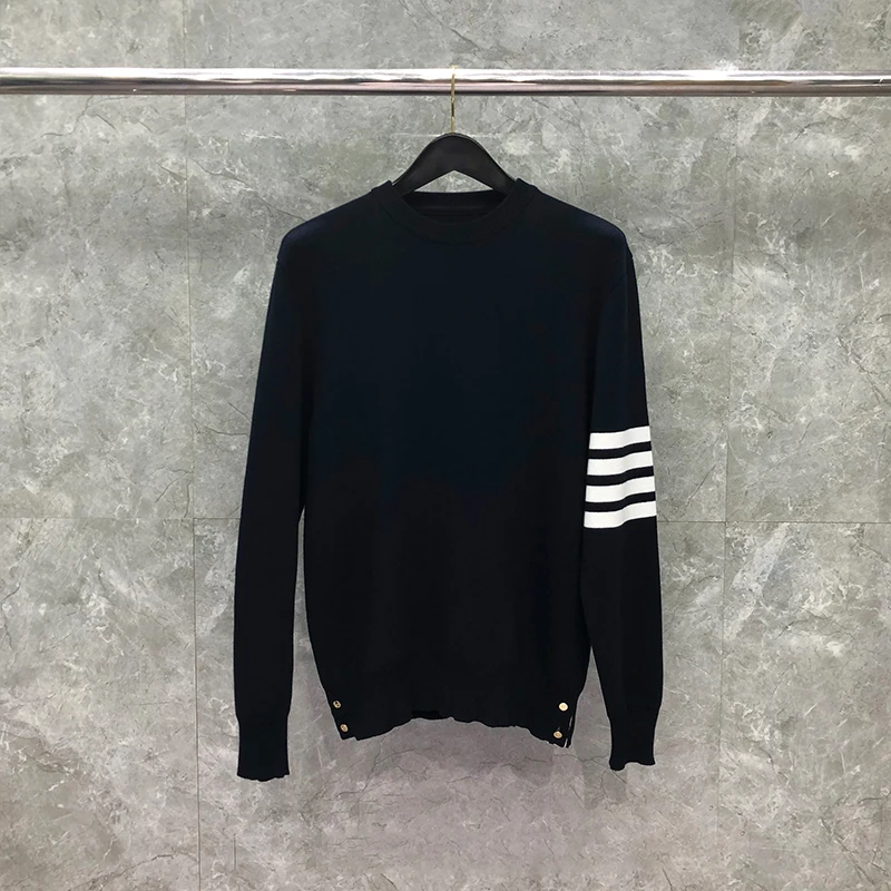 TB THOM Sweater Autunm Winter Men's Sweaters Fashion Brand Coats Classic Cotton 4-Bar Stripes Crewneck Pullover Navy TB Sweaters