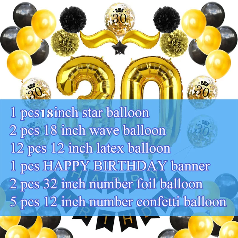 1 Набор С Днем Рождения для взрослых 20th 50th 40th 30th 60th Year Decoration черный золотой баннер